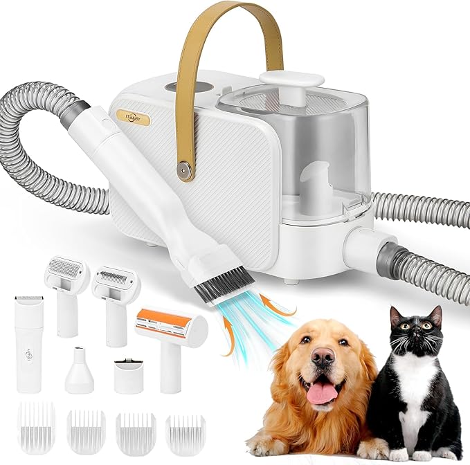 Dog Grooming Kit, ITBABY Pet Grooming Kit & Vacuum Suction 99% Pet Hair Groomer, Professional Grooming Clippers with 8 Proven Grooming Tools for Dogs Cats, Quiet Pet Vacuum Groomer (White)