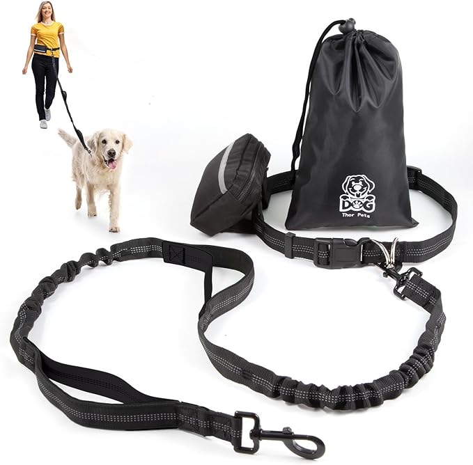 Hands Free Dog Leash with Zipper Pouch, Dual Padded Handles and Durable Bungee for Walking, Jogging and Running Your Dog, Waist Belt Dog Leash, Reflective Running Traction (Black)