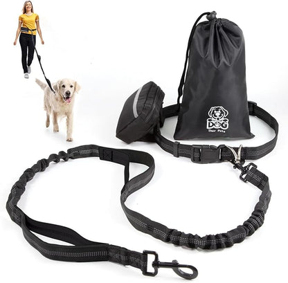 Hands Free Dog Leash with Zipper Pouch, Dual Padded Handles and Durable Bungee for Walking, Jogging and Running Your Dog, Waist Belt Dog Leash, Reflective Running Traction (Black)