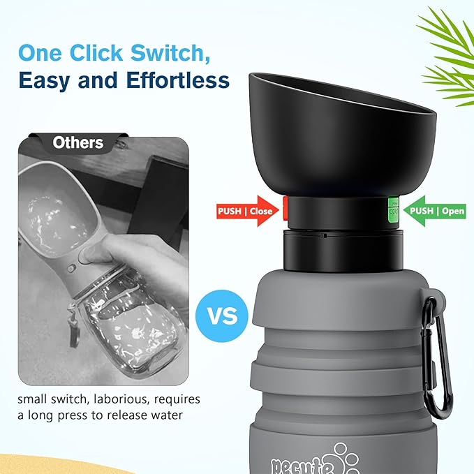 Pecute Dog Water Bottle Portable, 29oz Dog Foldable Water Bottle with Folding Bowl, Carabiner Clip, 5 Levels Capacity, 100% Food Grade Silicone, Dog Water Bottle for Outdoor Walking, Travel(Grey)