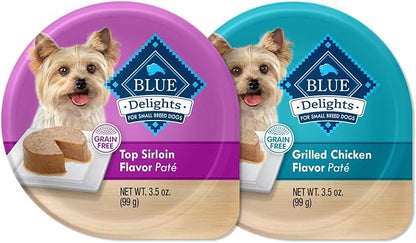 Blue Buffalo Delights Natural Adult Small Breed Wet Dog Food Cups, Pate Style, Grilled Chicken & Top Sirloin 3.5-oz (24 Count - 12 of Each Flavor)