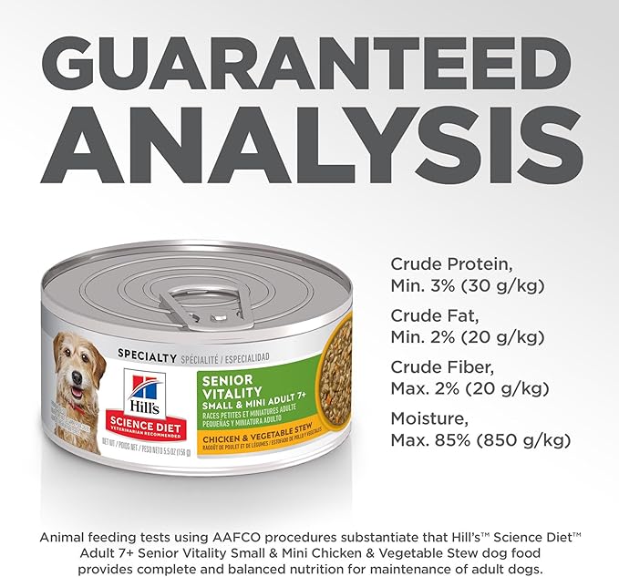 Hill's Science Diet Senior Vitality, Senior Adult 7+, Small & Mini Breeds Senior Premium Nutrition, Wet Dog Food, Salmon & Vegetables Stew, 5.5 oz Can, Case of 24