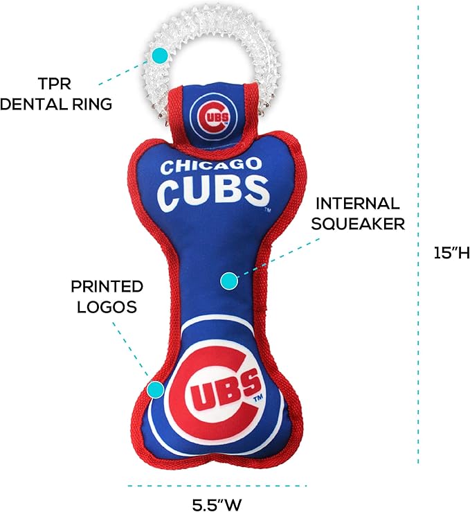MLB Chicago Cubs Bone Shaped Dental Dog TUG Toy with Squeaker. Tough PET Toy for Healthy Fun, Teething, and Cleaning pet's Teeth and Gum.