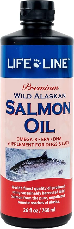 Life Line Pet Nutrition Wild Alaskan Salmon Oil Omega-3 Supplement for Skin & Coat – Supports Brain, Eye & Heart Health in Dogs & Cats, 26 oz
