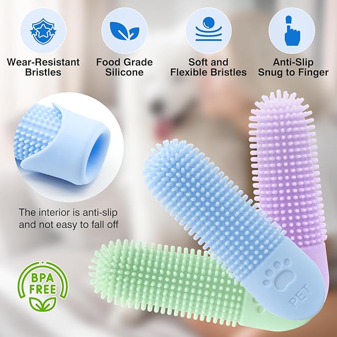 Dog Finger Toothbrush, 3Pack Dog and Cat Dental Care Pet Toothbrush, 360° Bristles Clean Teeth, Upgraded Full-length Bristles, Food Grade Silicone, Finger Toothbrush Kit for Pet Dental Care