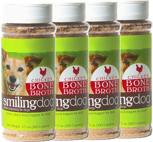 Herbsmith Bone Broth Kibble Seasoning – DIY Raw Coated Kibble Mixer - Freeze Dried Meat + Bone Broth Powder for Dogs - Healthy Dog Food Toppers - Chicken 3.5 oz [Bundle x4 Units]