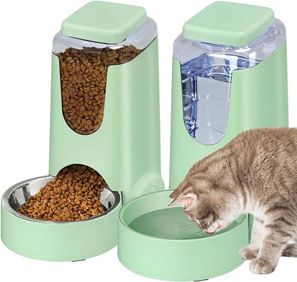 2 Pack Automatic Cat Feeder and Water Dispenser with Stainless Steel Dog Bowl Gravity Self Feeding for Small Medium Pets Puppy Kitten 1 Gallon x 2 (Pink) (green)