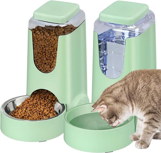 2 Pack Automatic Cat Feeder and Water Dispenser with Stainless Steel Dog Bowl Gravity Self Feeding for Small Medium Pets Puppy Kitten 1 Gallon x 2 (Pink) (green)