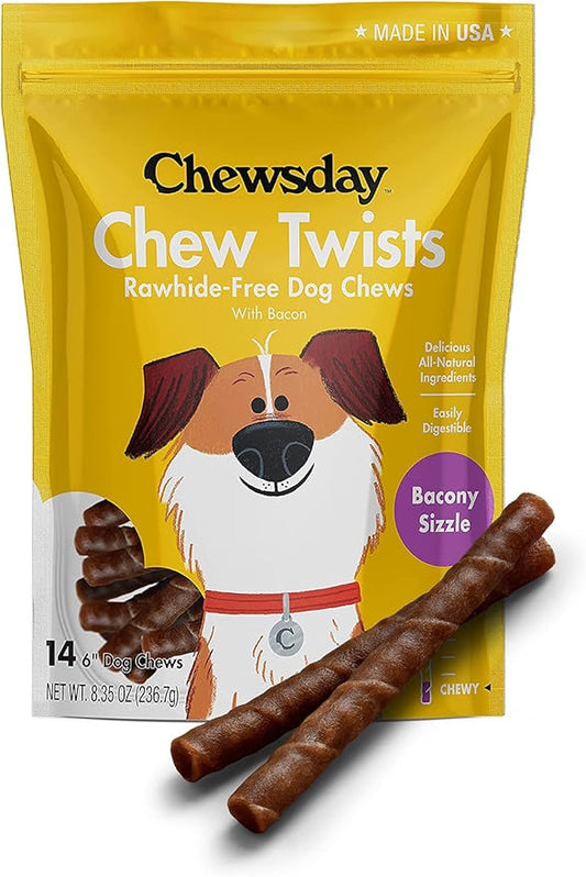 6-Inch Chewy Dog Chew Twists, Made in The USA, All Natural Rawhide-Free Highly-Digestible Treats, Bacony Sizzle - 14 Count