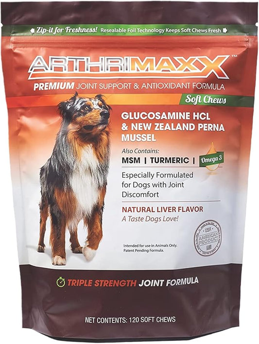 Dog Supplements for Joint Inflammation & Arthritis, Naturally Potent Dog Joint Care, Delicious Soft Chews with Turmeric, Omega 3, & Glucosamine for Dogs, Natural Liver Flavor, 120 Pc