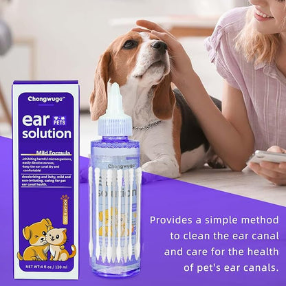 Pets Ear Cleaner for Dogs & Cats, Alleviate Infections, Deodorizing and Itchy, Clean Wax, Mild and Non-irritating, Care for Pet, with 20 Cotton Swabs, 4 fl oz