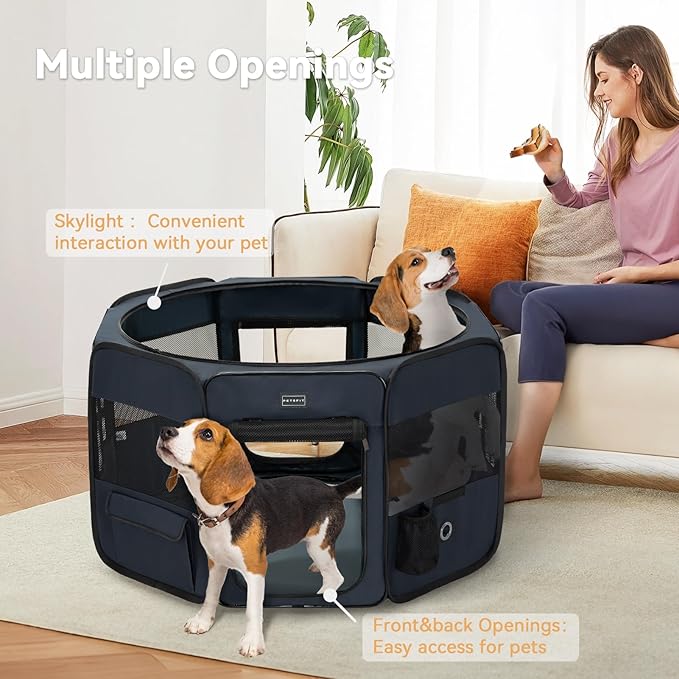 PETSFIT Dog Playpen, 36" Sturdy Pop Up Dog Kennel Foldable Dog Pen Indoor Outdoor Puppy Playpen for Medium Dogs Cats with Traveling Bag Zipper Sealed Removable Mesh Top Leakproof Bottom Mat Blue M