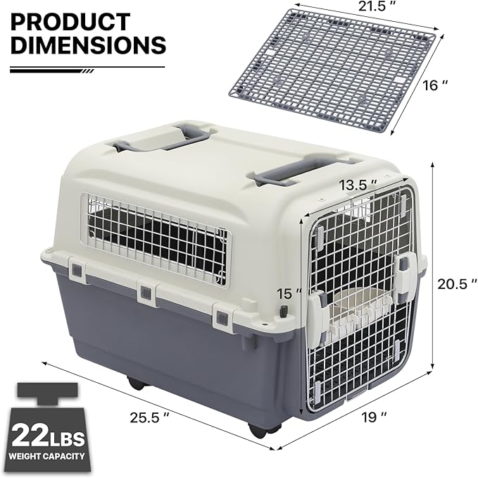 MoNiBloom 25.5-Inch Plastic Carrier with Wheels for Small Dogs and Cats, Multifunction Hard Cat Carrier Dog Kennel Ventilation and Security Lock Design for Pets up to 22 Pounds