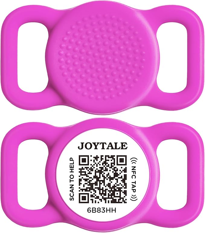 Joytale [ NO APP Required ] Silent Silicone QR Code Dog Tag, Slide On Dog Tags for 3/8-5/8 Inch Wide Collars or Vest, NFC Pet Online Profile, Scan QR to Send Location Alert Email, Purple, S