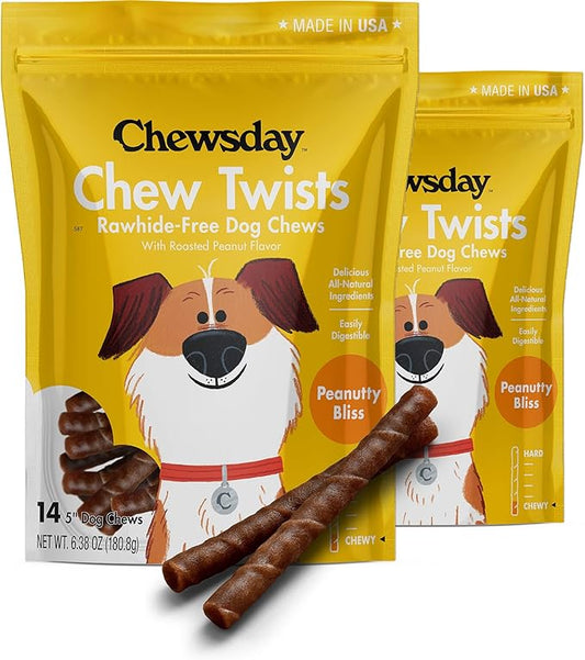 5-Inch Chewy Dog Chew Twists, Made in The USA, All Natural Rawhide-Free Highly-Digestible Treats, Peanutty Bliss - 28 Count