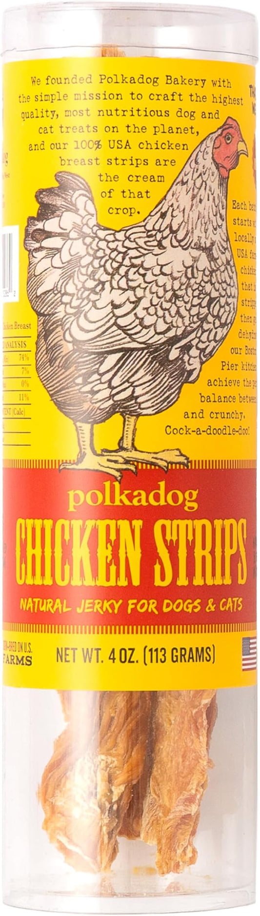 Polkadog Chicken Strip Jerky Dog & Cat Treat - Handmade, Single-Ingredient, Grain Free, USA Farm-Raised Chicken - Dog Jerky Treat - Made in USA, 4oz