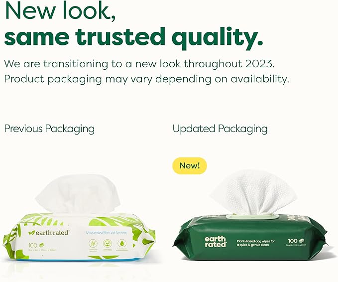 Earth Rated Hypoallergenic Dog Wipes, Cleaning and Odor-Controlling Grooming Wipes for Paws, Body, and Butt, Perfect for Puppy and Adult Dogs, Unscented, 100 Count