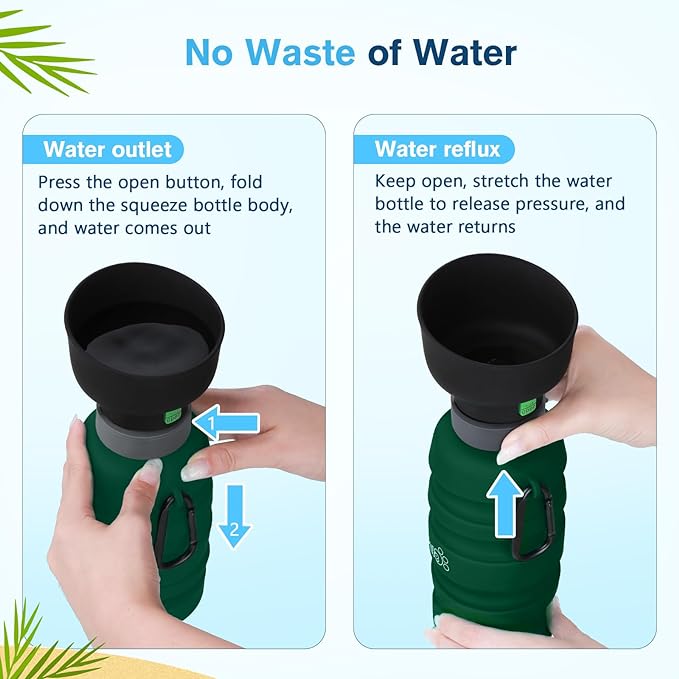 Pecute Dog Water Bottle Portable, 29oz Dog Foldable Water Bottle with Folding Bowl & Clip, 100% Food Grade Silicone, 5 Levels Capacity, Dog Water Bottle for Outdoor Walking, Hiking, Travel(Green)