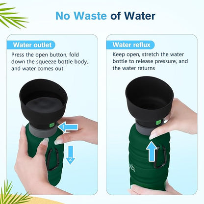 Pecute Dog Water Bottle Portable, 29oz Dog Foldable Water Bottle with Folding Bowl & Clip, 100% Food Grade Silicone, 5 Levels Capacity, Dog Water Bottle for Outdoor Walking, Hiking, Travel(Green)