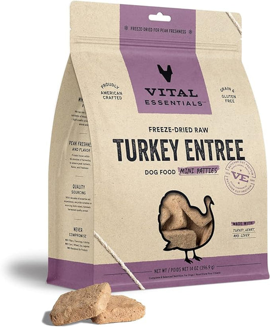 Vital Essentials Freeze Dried Raw Dog Food, Turkey Mini Patties Entree, 14 oz