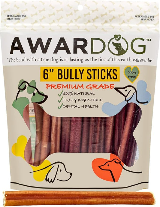 100% Natural 6" Bully Sticks [Standard Thickness] (Beef, 6-inch Standard Bully Sticks-6pcs)