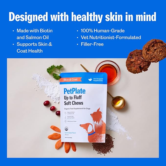 PetPlate Skin & Coat Chews for Dogs, USDA Organic Supplement, Grain-Free, Human-Grade, includes Salmon Oil and Biotin, Pet Supplies (Pack of 1, 9.8 Ounce)