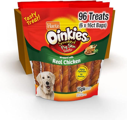 Hartz Oinkies Smoked Pig Skin Chicken Jerky Twists Dog Treats, 96 Count