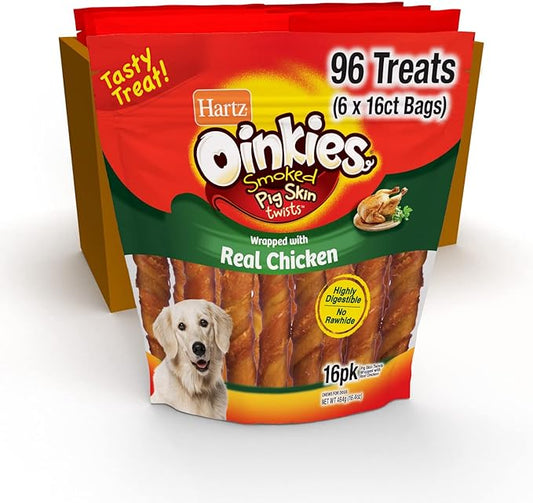 Hartz Oinkies Smoked Pig Skin Chicken Jerky Twists Dog Treats, 96 Count