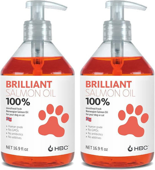Brilliant Omega 3 Salmon Oil for Dogs & Cats - Norwegian Fish Oil Supplement with EPA & DHA Fatty Acids for Shedding, Allergy, Itching, Dry Skin & Joints - Skin and Coat Fish Oil Liquid, (2 x 16.9 Oz)