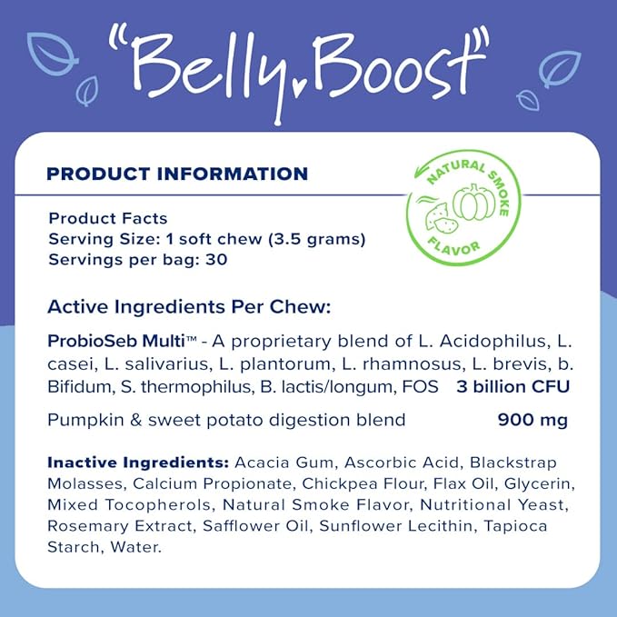 Belly Boost Probiotic Soft Chews for Dogs - Vet Formulated for Gut Health, Digestion, Allergy Relief, & Immune System Support - Smoked Pumpkin & Sweet Potato Flavor - for All Breeds & Sizes