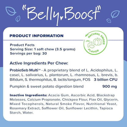 Belly Boost Probiotic Soft Chews for Dogs - Vet Formulated for Gut Health, Digestion, Allergy Relief, & Immune System Support - Smoked Pumpkin & Sweet Potato Flavor - for All Breeds & Sizes