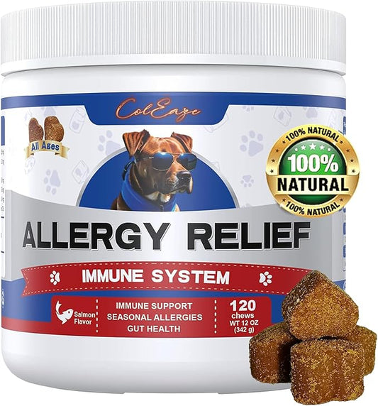 ColEzae Dog Allergy Relief Chews, with Omega 3 & Probiotics and Herbal Allergy Medicine for Dogs, Combat Itchy Skin, Paw Licking, and Seasonal Allergies Supplement