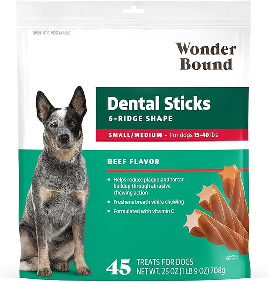 Amazon Brand - Wonder Bound Beef Flavor Dental Sticks for Small/Medium Dogs (15-40 lbs), 6-Ridge Shape for Plaque & Tartar Control, Freshens Breath, Formulated with Vitamin C, 45 Count (Pack of 1)