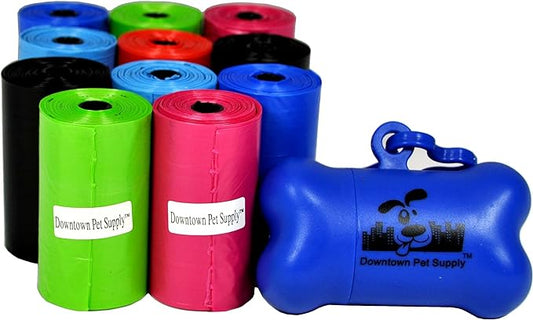 Downtown Pet Supply 220 Count Dog Poop Bags Refills with Leash Clip and Bone Bag Dispenser, Rainbow of Colors - Dog Waste Bags Unscented and Leak-Proof with Dog Poop Bag Dispenser - 12.5 x 8.5"