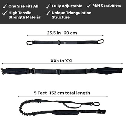 Dog Running Waist Belt - Running Dog Lead - Canicross Harness Carry Personal Items Running, Walks, Hikes - Waist Leads for Dogs with Belt Pouch, Converts into Canicrossing Line - Nifty Black