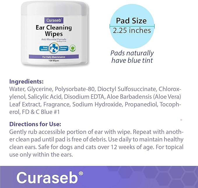 Curaseb Cat and Dog Ear Wipes – Cleans, Deodorizes and Soothes Ear Issues with Soothing Aloe Vera – Vet Strength – 100 Wipes