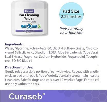Curaseb Cat and Dog Ear Wipes – Cleans, Deodorizes and Soothes Ear Issues with Soothing Aloe Vera – Vet Strength – 100 Wipes