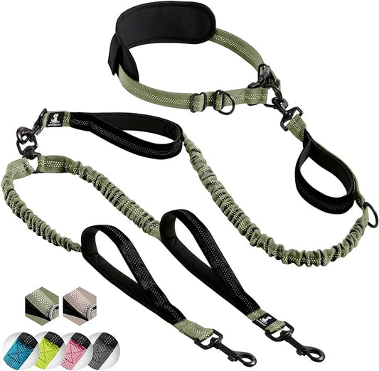 SparklyPets Hands Free Double Dog Leash – Dual Dog Leash for Medium and Large Dogs – Dog Leash for 2 Dogs with Padded Handles, Reflective Stitches, No Pull, Tangle Free (Green Range, for 2 Dogs)
