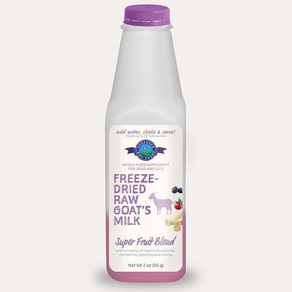 Freeze Dried Raw Goats Milk with Probiotics for Dogs & Cats (Super Fruits), Organic USA Fruits, Digestible Goat Milk Powder, Raw Nutrition, High Protein Food Toppers
