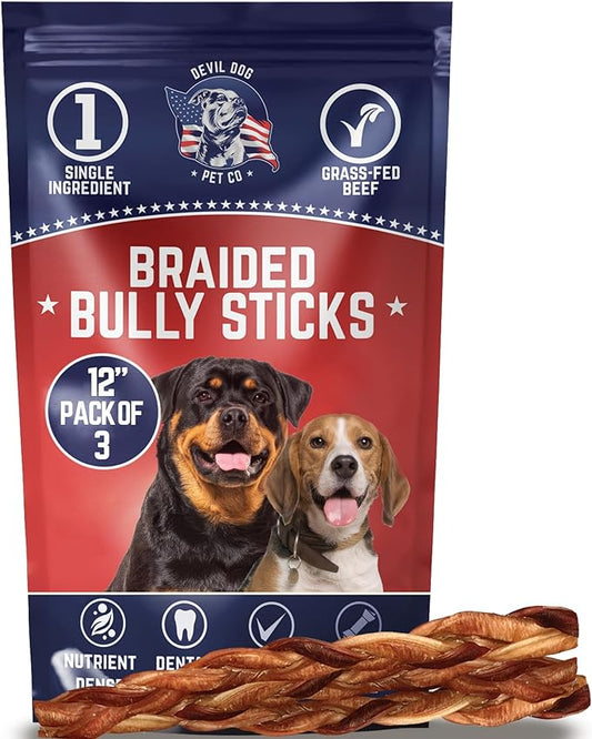 Devil Dog Pet Co. Braided Bully Sticks for Dogs – 12 Inch 3 Pack Chew Treats, 100% All Natural, Long Lasting & Rawhide Free Dog Chews – Premium Braided Bully Sticks for Large Dogs, Medium & Small Dogs