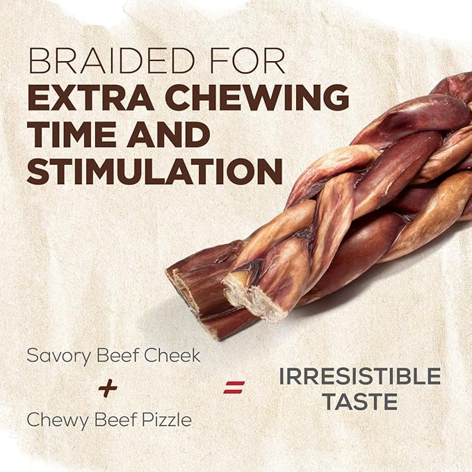 Natural Farm Braided Power Bully Sticks Dog Chews (12”, 10-Pack), 2-in-1 Power Chews: Premium Beef Cheek Wrapped in Beef Pizzle, Braided Together for a Very Long Lasting Chew, Great for Large Dogs