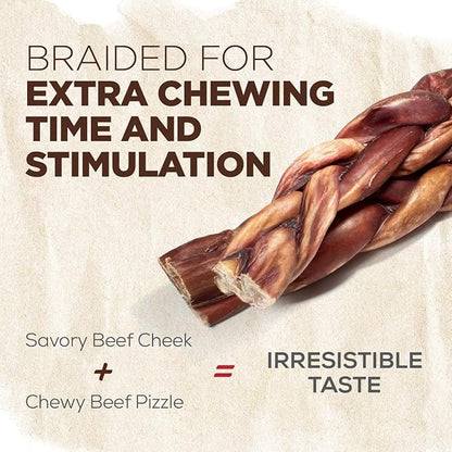 Natural Farm Braided Power Bully Sticks Dog Chews (12”, 10-Pack), 2-in-1 Power Chews: Premium Beef Cheek Wrapped in Beef Pizzle, Braided Together for a Very Long Lasting Chew, Great for Large Dogs