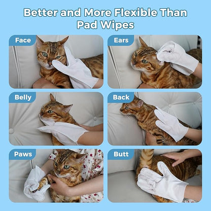 Pet Bathing Wipes for Dogs & Cats, Cleaning & Deodorizing Grooming Gloves, Nourish Fur Glove Wipes for Daily Care and Traveling, Rinse Free，4 Pack, 24 PCS
