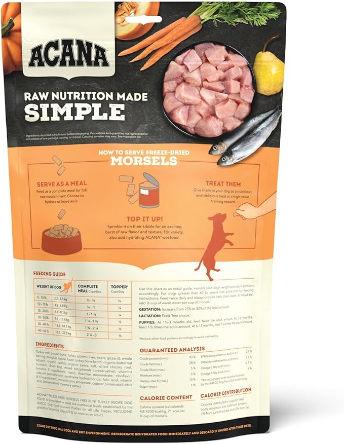ACANA Freeze Dried Dog Food Meal & Topper, Grain Free, High Protein Free-Run Turkey Recipe, 8 oz
