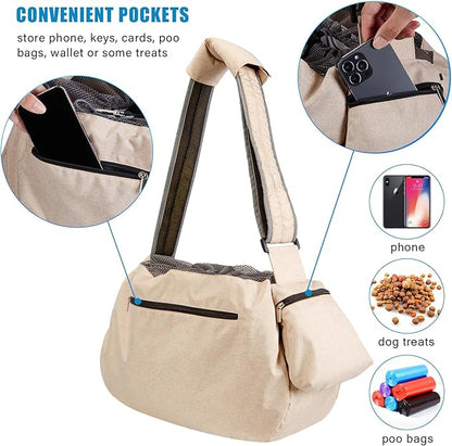 Ownpets Pet Sling Carrier, Fits 15 to 20lbs Extra-Large Dog/Cat Sling Carrier Reversible and Hands-Free Dog Bag with Adjustable Strap and Pocket Shoulder Pad, Beige