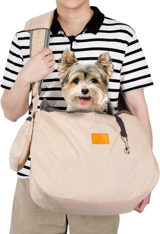 Ownpets Pet Sling Carrier, Fits 15 to 20lbs Extra-Large Dog/Cat Sling Carrier Reversible and Hands-Free Dog Bag with Adjustable Strap and Pocket Shoulder Pad, Beige