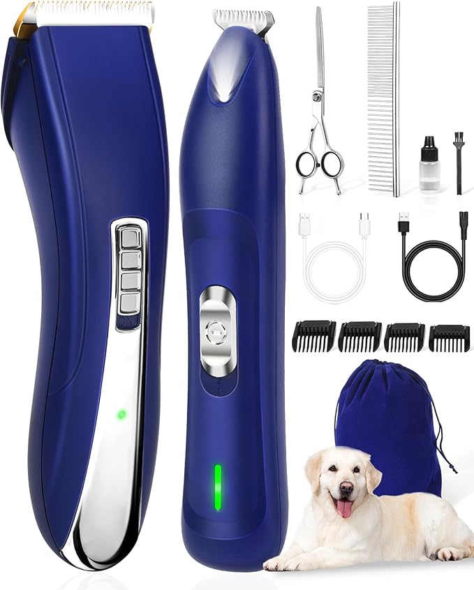 2 in 1 Dog Grooming Kit, Low Noise Dog Clippers for Thick Heavy Coats, Professional Cordless Dog Paw Trimmer with LED Light, USB Rechargeable Pet Hair Shaver for Small & Large Dogs Cats Pets