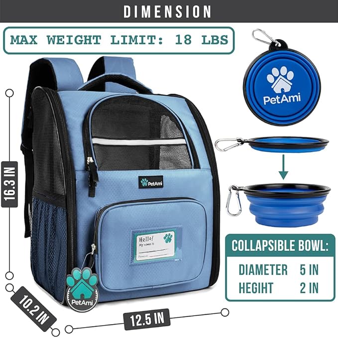 PetAmi Dog Backpack Carrier for Small Large Cat, Pet, Puppy, Ventilated Pet Hiking Backpack Travel Bag, Airline Approved Cat Backpack Carrier, Camping Biking Dog Bag Up to 18lbs Pet, Light Blue