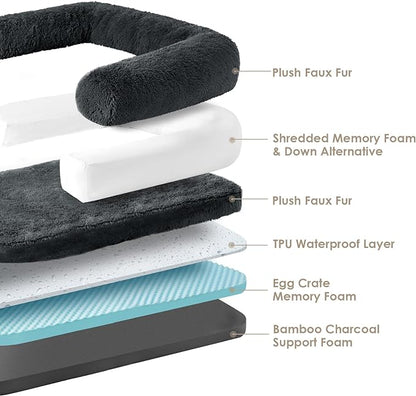 EHEYCIGA Foldable Human Dog Bed for Adult, Orthopedic Memory Foam Dog Bed for Humans, Waterproof Human Dog Bed for People, Faux Fur Human Sized Dog Bed, Dark Grey, 72"x44"x12"