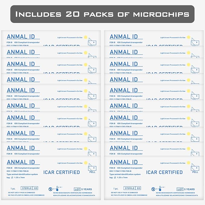 Smoostart 20 Pack 1.25x7mm Universal Standard Pet Microchip, ISO11784(85)/FDX-B Pet ID Tags, 15 Bit Microchip Dog for Animal/Pet/Dog/Cat/Pig